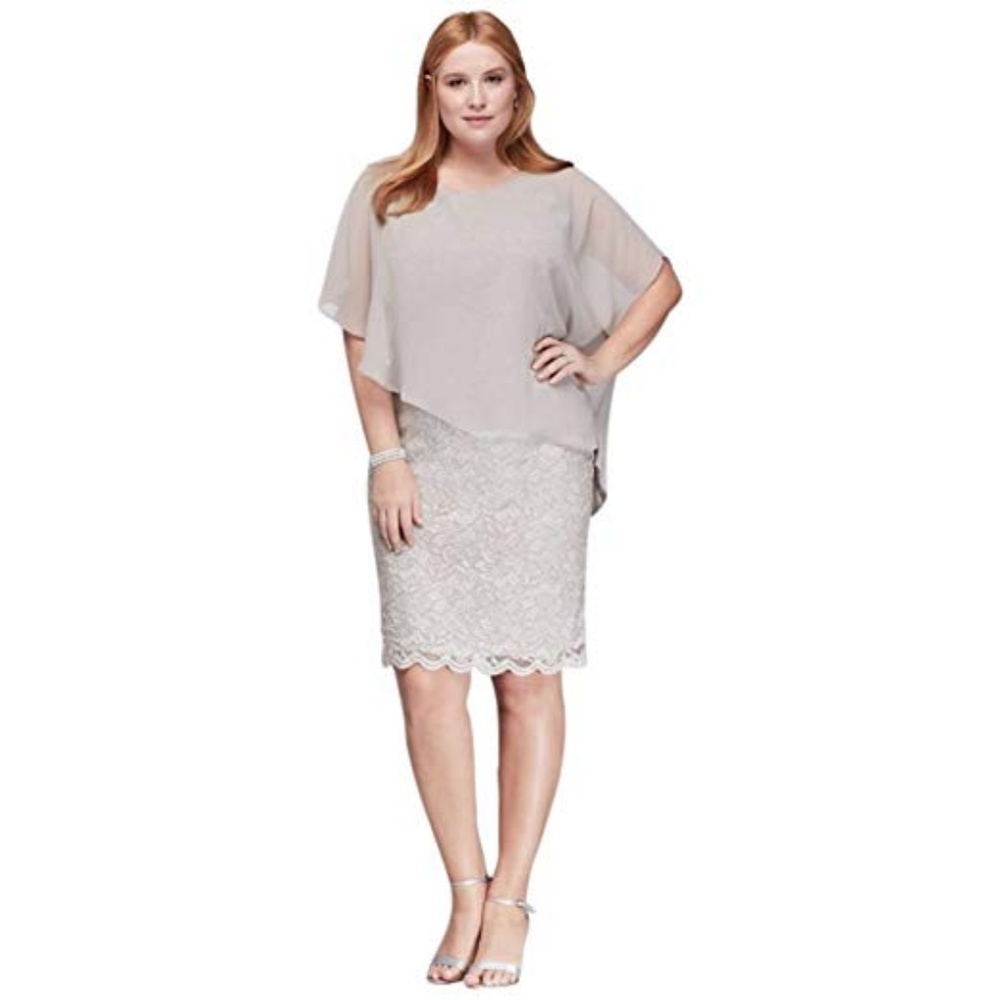 Glitter Lace Sheath Dress with Chiffon Capelet, 14
